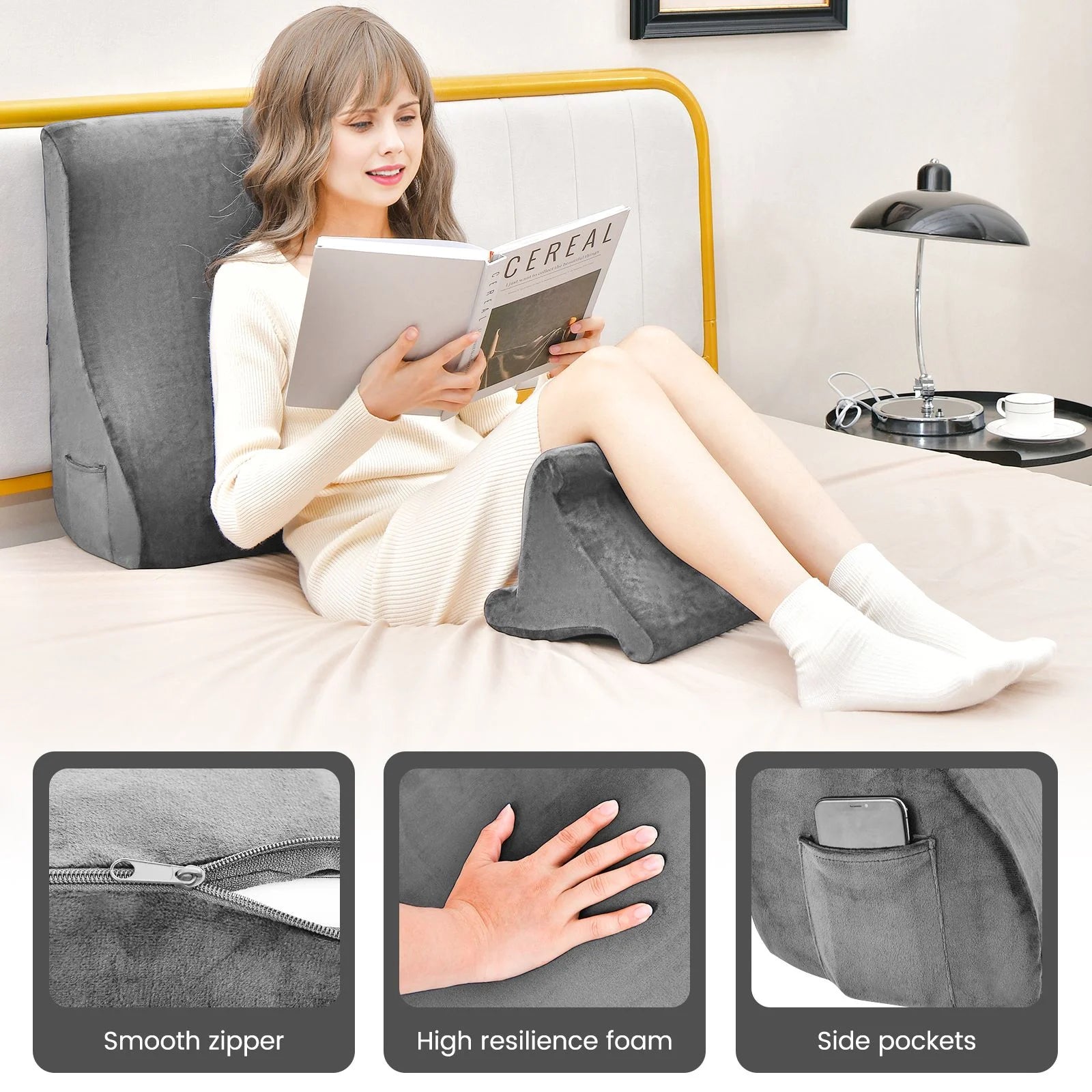 Wedge Pillow Set with Integrated Tablet Stand and Side Pockets