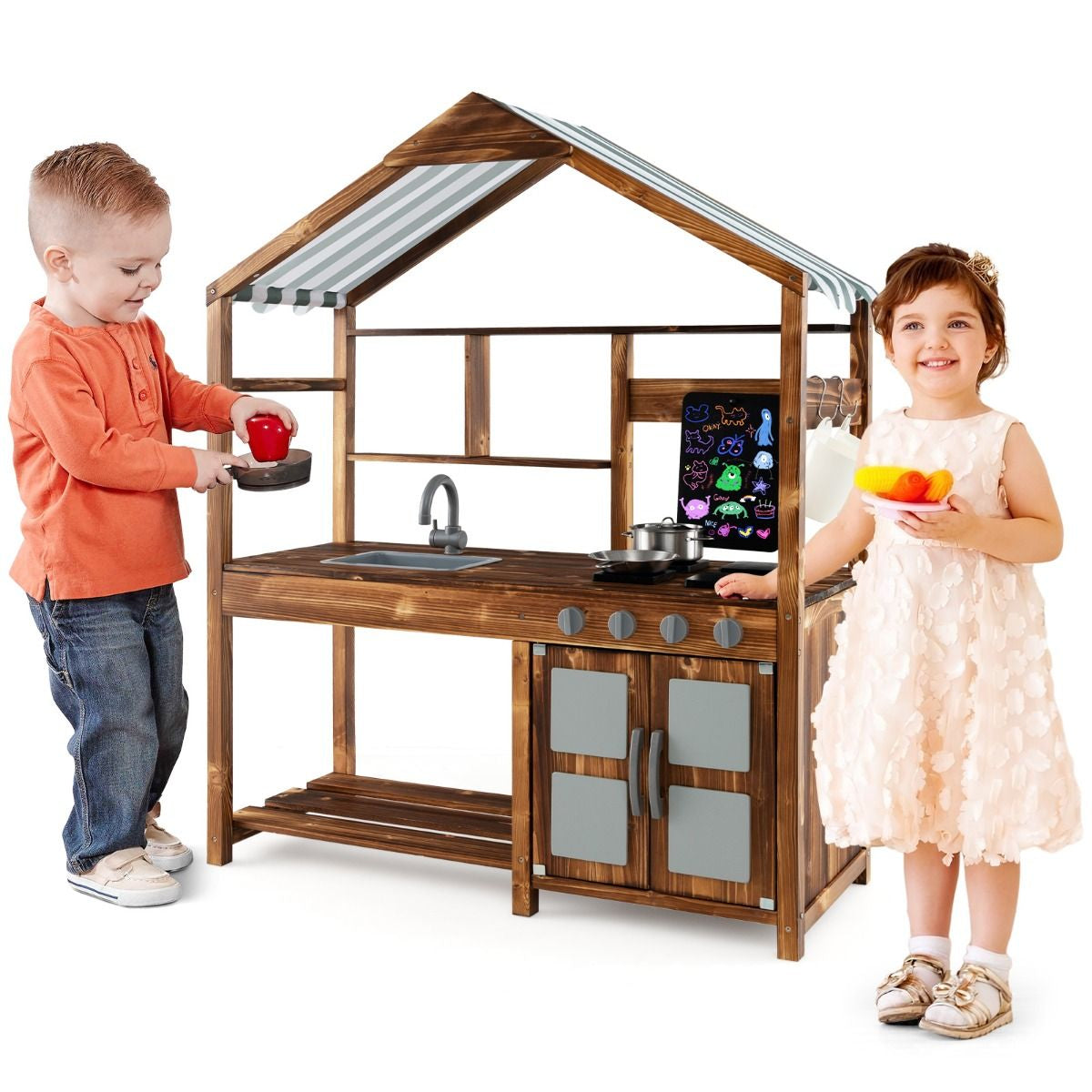 Outdoor Wooden Mud Kitchen with Canopy & Rotatable Faucet | Kids Play Kitchen with Sink, Chalkboard & Accessories