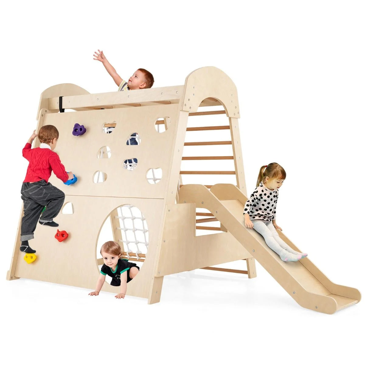8-In-1 Indoor Jungle Gym Wooden Playground with Climbing Wall