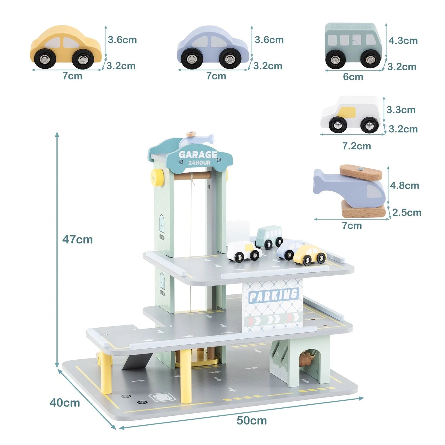 3-Layer Wooden Toy Garage Playset with 4 Cars & Helicopter | Kids Parking Garage with Elevator, Car Wash & Gas Station