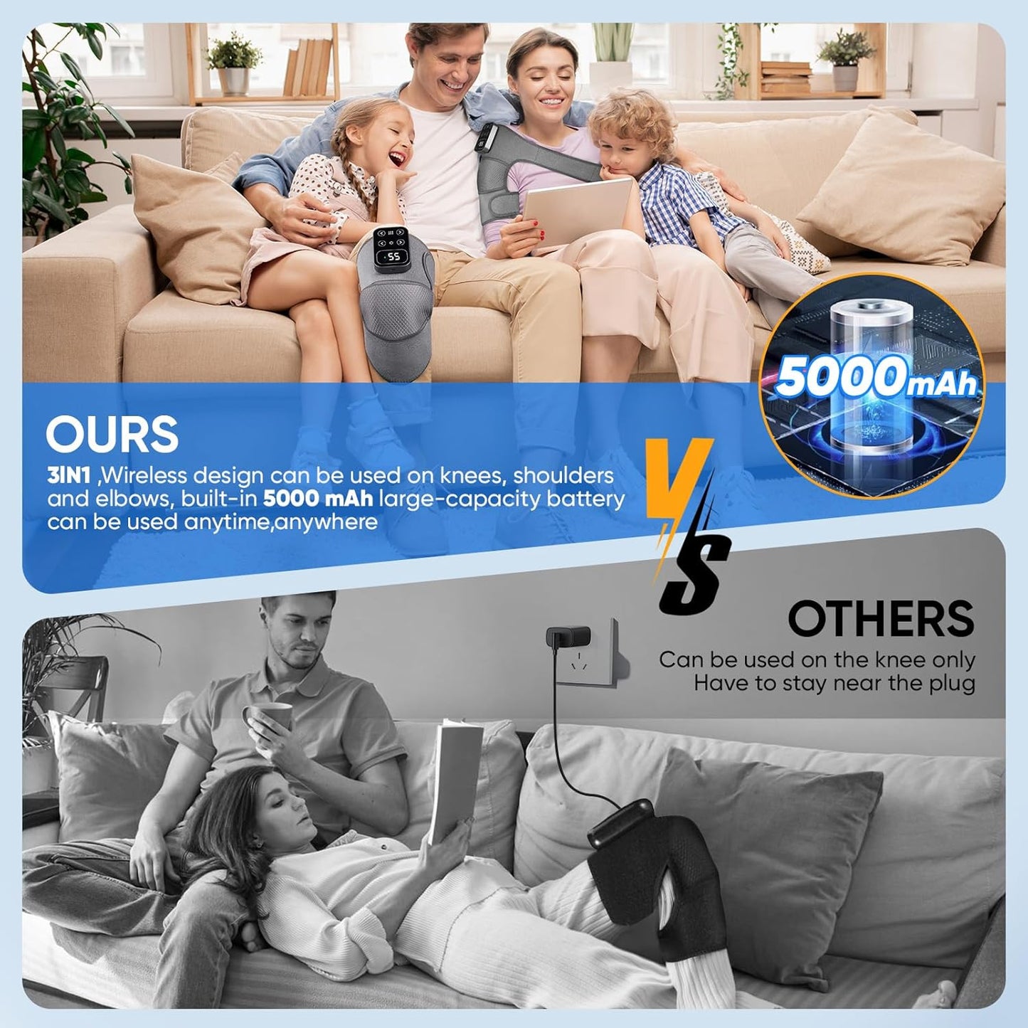 Cordless Heated Knee Massager with Vibration – Rechargeable 3-in-1 Knee, Shoulder & Elbow Wrap | 5 Heat Levels, 3 Vibration Modes, Adjustable Straps for Joint Pain, Muscle Strain & Arthritis Relief – Grey