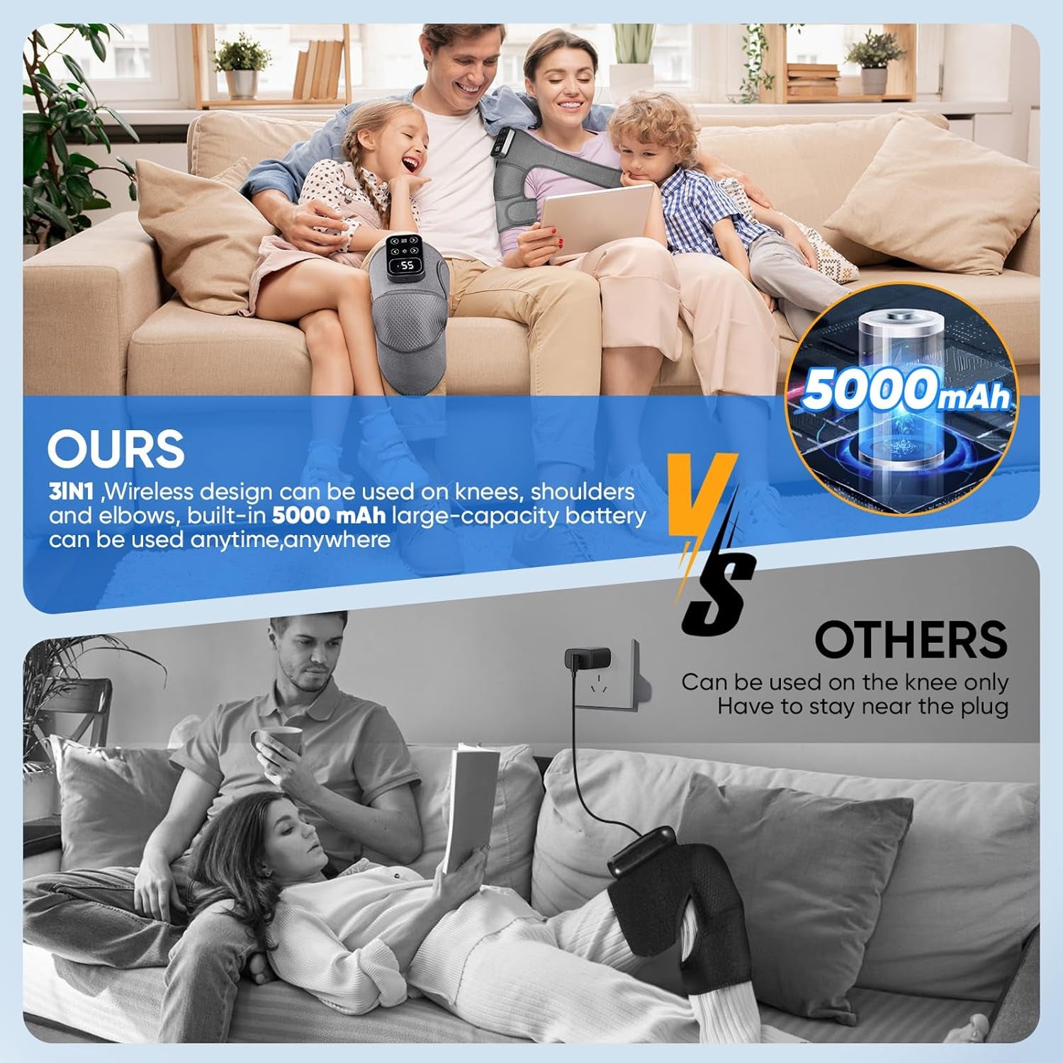 Cordless Heated Knee Massager with Vibration – Rechargeable 3-in-1 Knee, Shoulder & Elbow Wrap | 5 Heat Levels, 3 Vibration Modes, Adjustable Straps for Joint Pain, Muscle Strain & Arthritis Relief – Grey