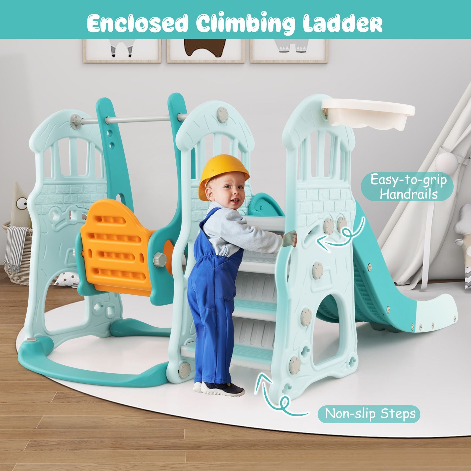 4-in-1 Toddler Slide and Swing Set with Extended Foldable Slide
