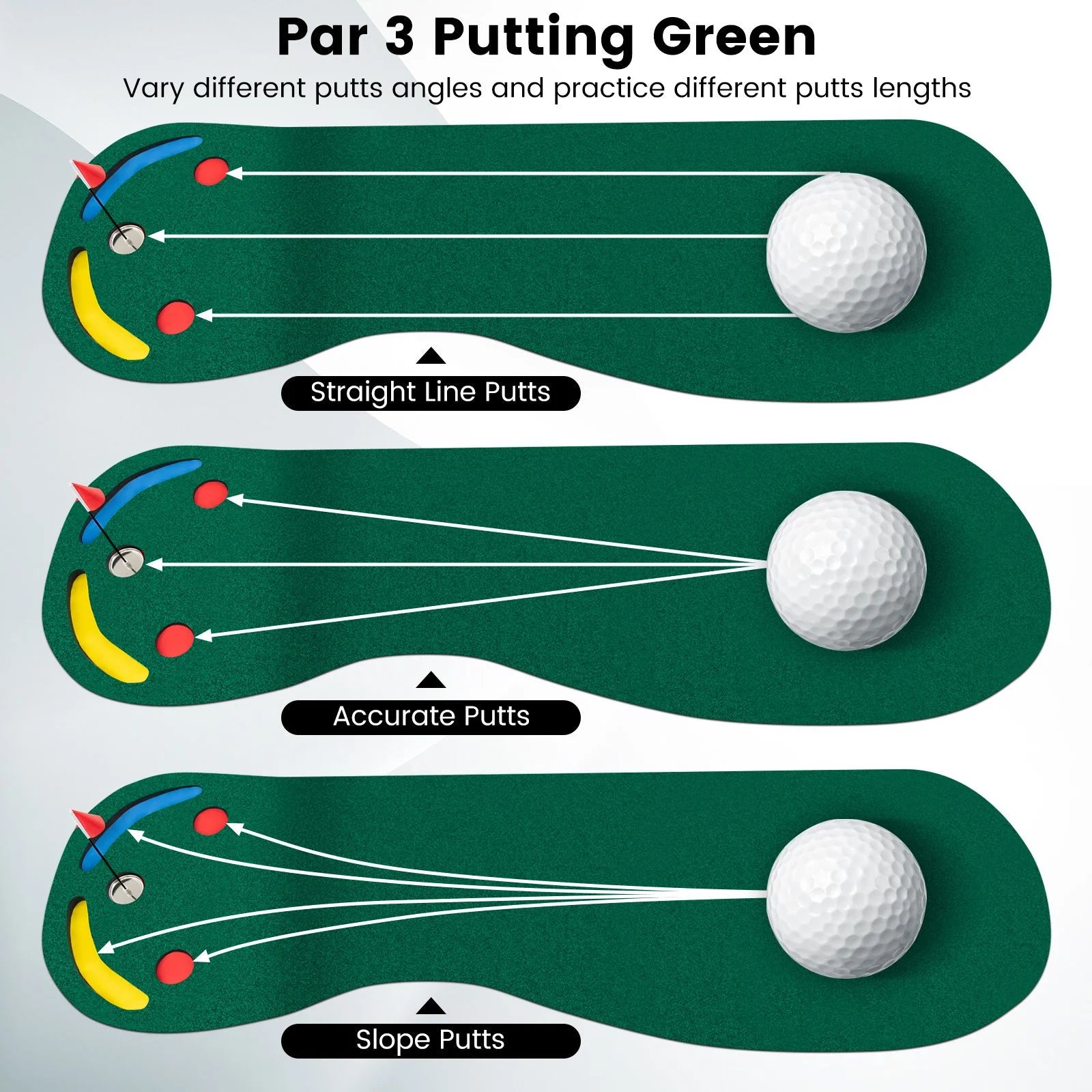 Professional Golf Putting Green Set with Three Cups, One Flag, and Hole Covers