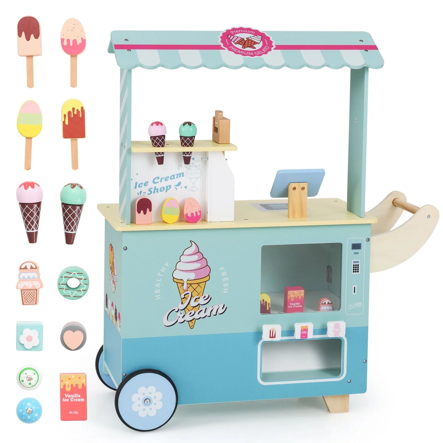 Wooden Kids Ice Cream Cart Pretend Play Set | Toddler Ice Cream Truck with Vending Machine & Accessories | Montessori Role Play Toy Ages 3+