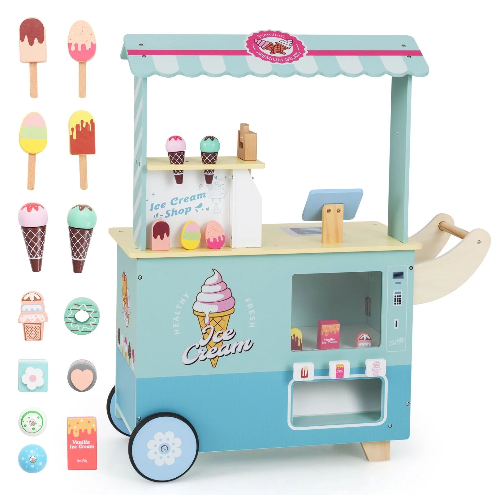 Wooden Kids Ice Cream Cart Pretend Play Set | Toddler Ice Cream Truck with Vending Machine & Accessories | Montessori Role Play Toy Ages 3+
