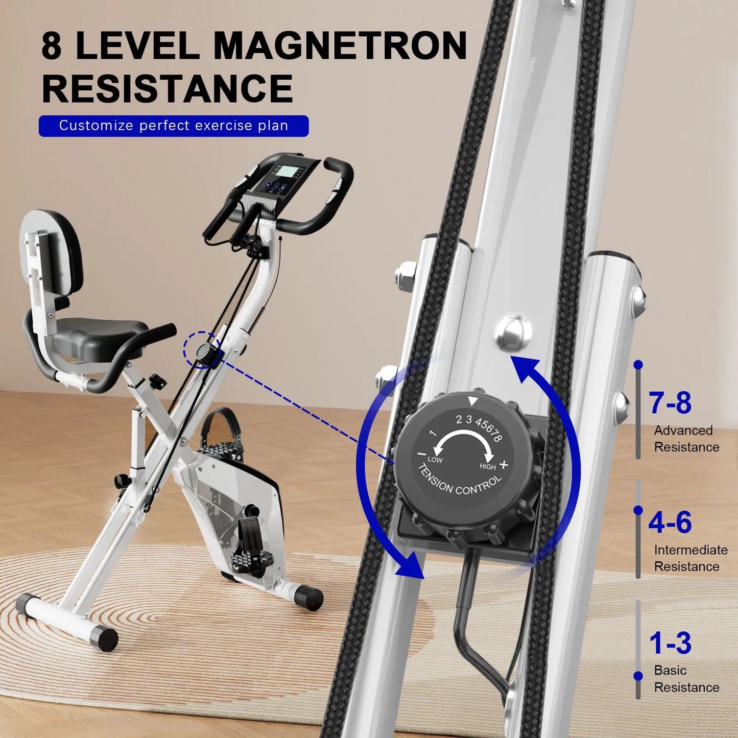 Foldable Exercise Bike 8 Resistance Exercise Bike with Heart Rate Sensors Fitness Bike LCD Stationary Fitness Bicycle for Indoor