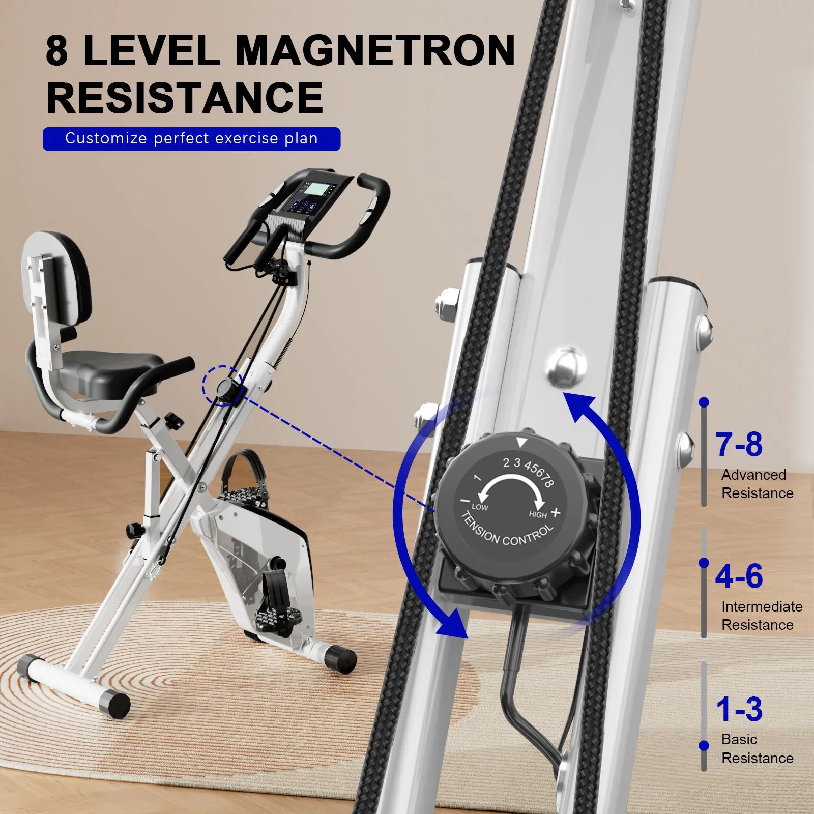 Foldable Exercise Bike 8 Resistance Exercise Bike with Heart Rate Sensors Fitness Bike LCD Stationary Fitness Bicycle for Indoor