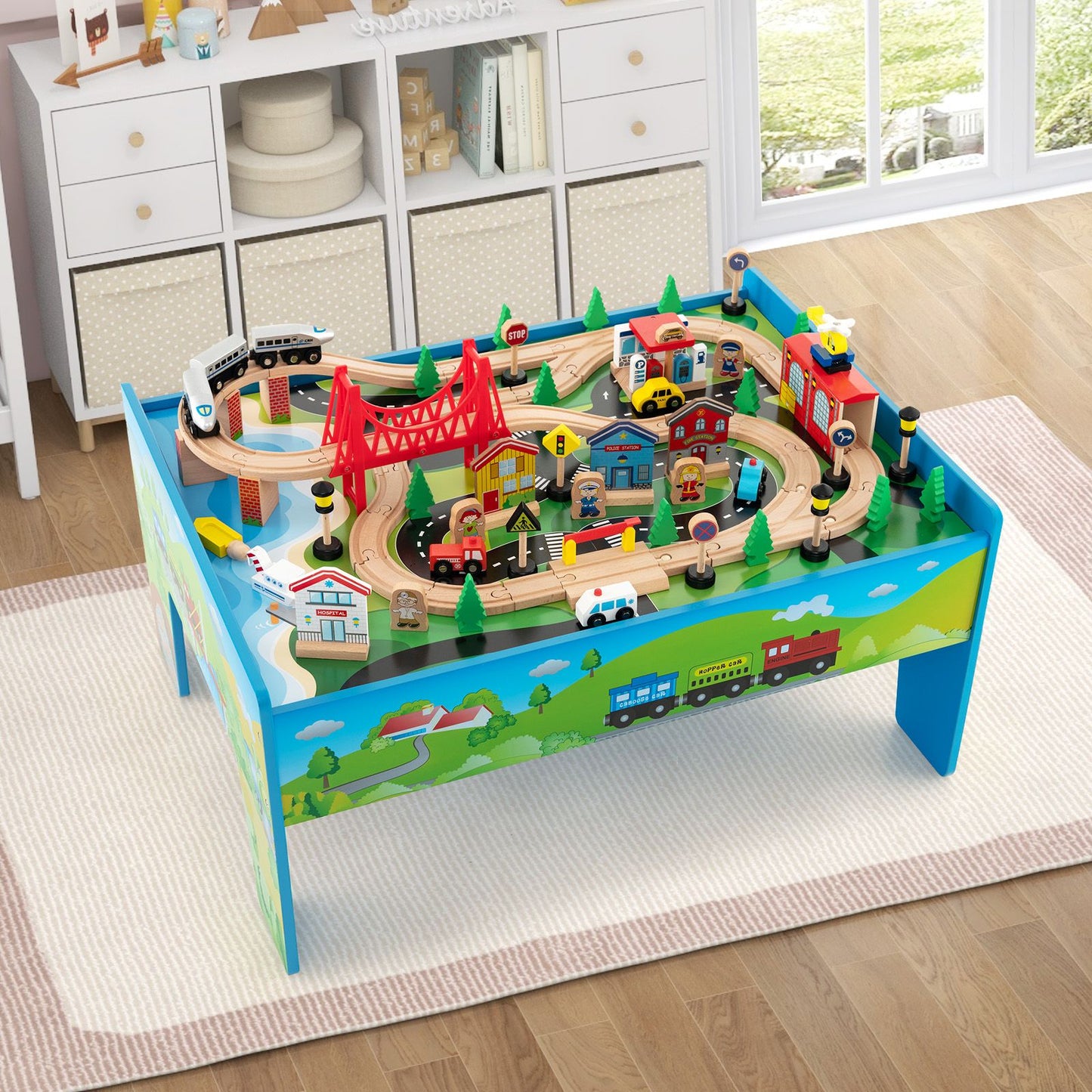 80-Piece Wooden Train Table Playset with Reversible Tabletop | Kids Railway Activity Table with Tracks, Trains & Accessories