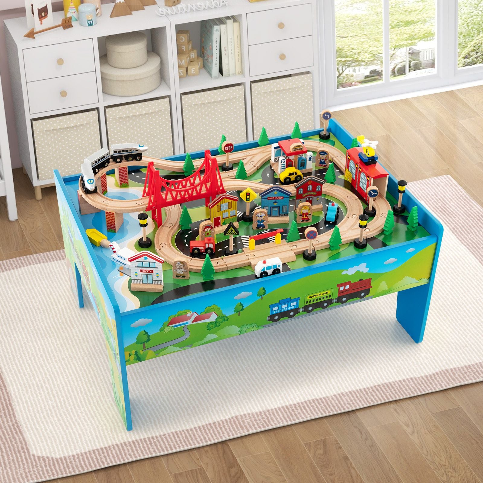 80-Piece Wooden Train Table Playset with Reversible Tabletop | Kids Railway Activity Table with Tracks, Trains & Accessories