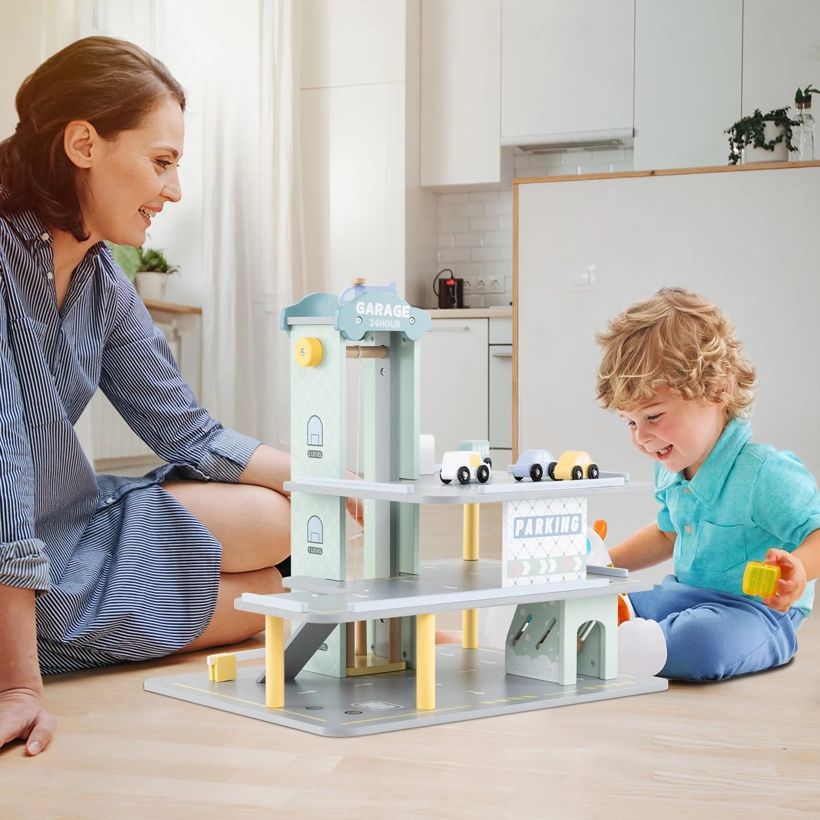 3-Layer Wooden Toy Garage Playset with 4 Cars & Helicopter | Kids Parking Garage with Elevator, Car Wash & Gas Station