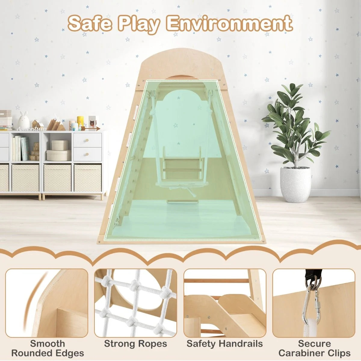 8-In-1 Indoor Jungle Gym Wooden Playground with Climbing Wall