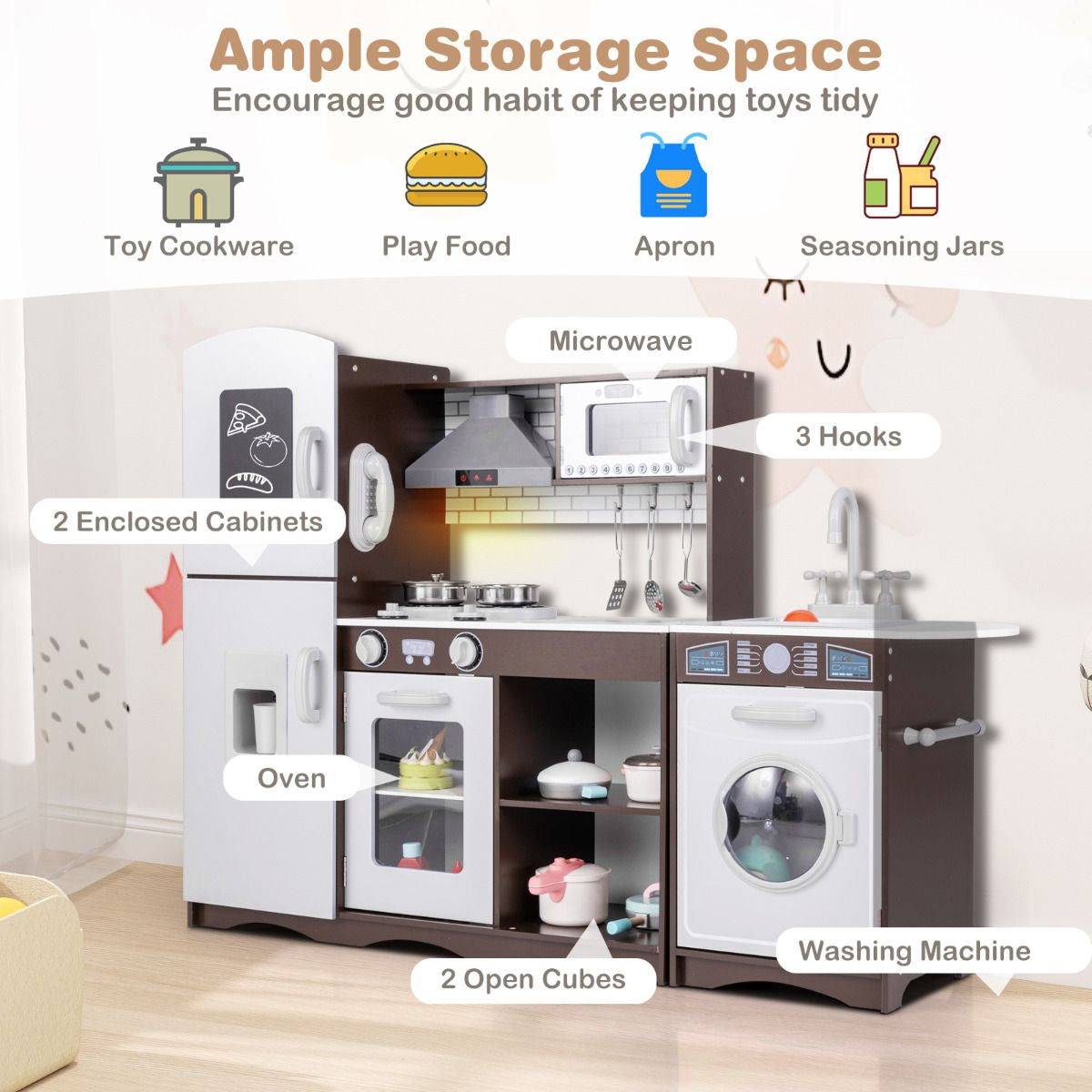 Deluxe Kids Wooden Kitchen Playset with Realistic Lights, Sounds & Ice Maker | Modern Pretend Cooking Station for Ages 3+