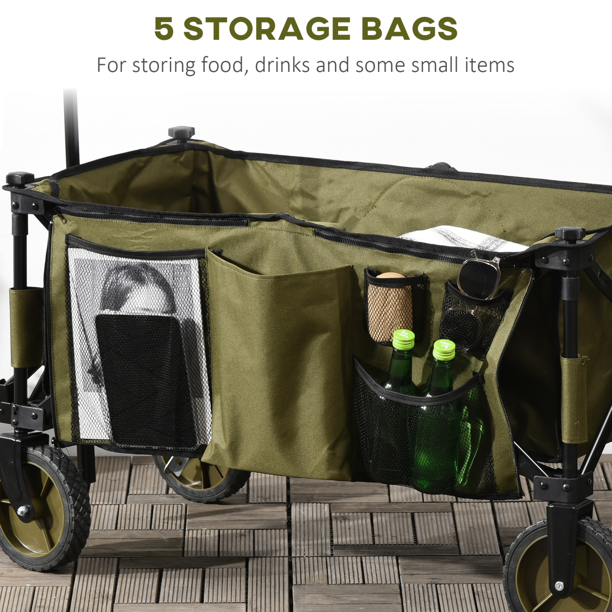 Folding Garden Trolley – Collapsible Utility Cart with Cover & Pockets, 100kg Load, Khaki Green