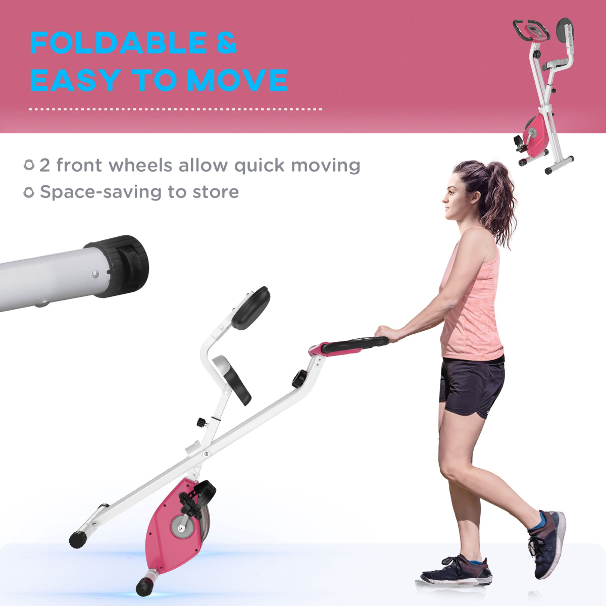 HOMCOM Magnetic Resistance Exercise Bike – Foldable Fitness Cycle with LCD Monitor & Adjustable Seat (Pink) - All Round Fitness