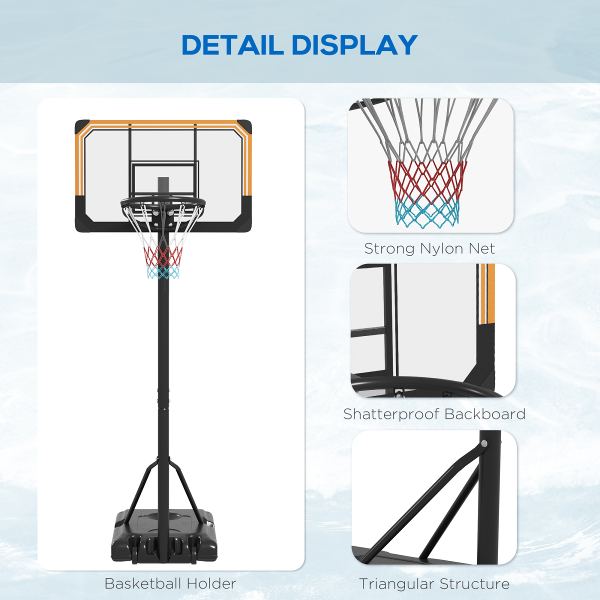 Basketball Backboard Hoop Net Set with Wheels, 182–213cm, Black