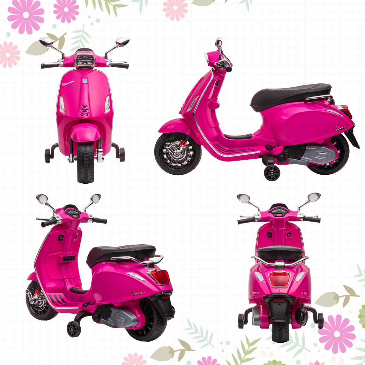 Licensed Vespa 12V Kids Electric Ride-On Motorbike with Training Wheels – Pink