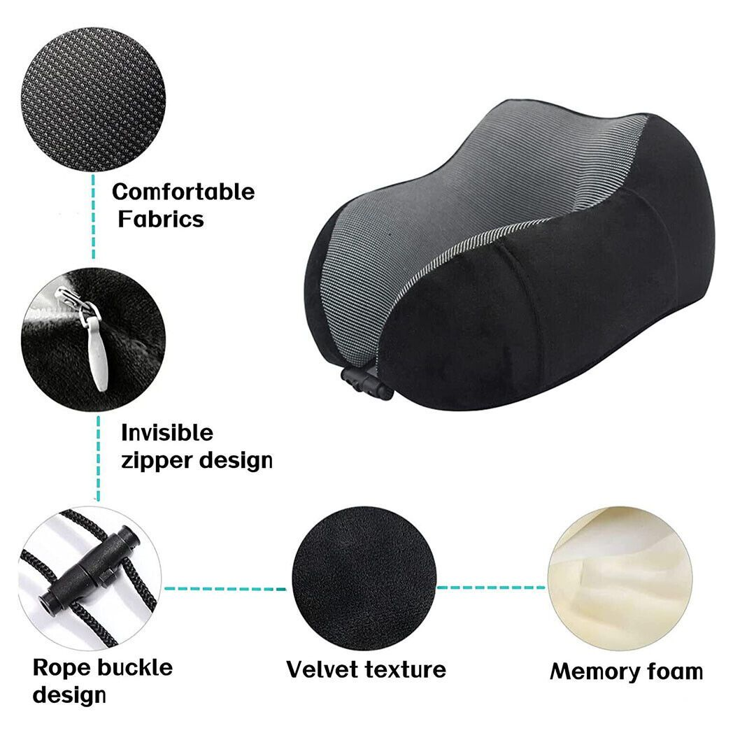 Memory Foam Travel Pillow – Neck Support Cushion with Adjustable Drawstring (Black/Grey)