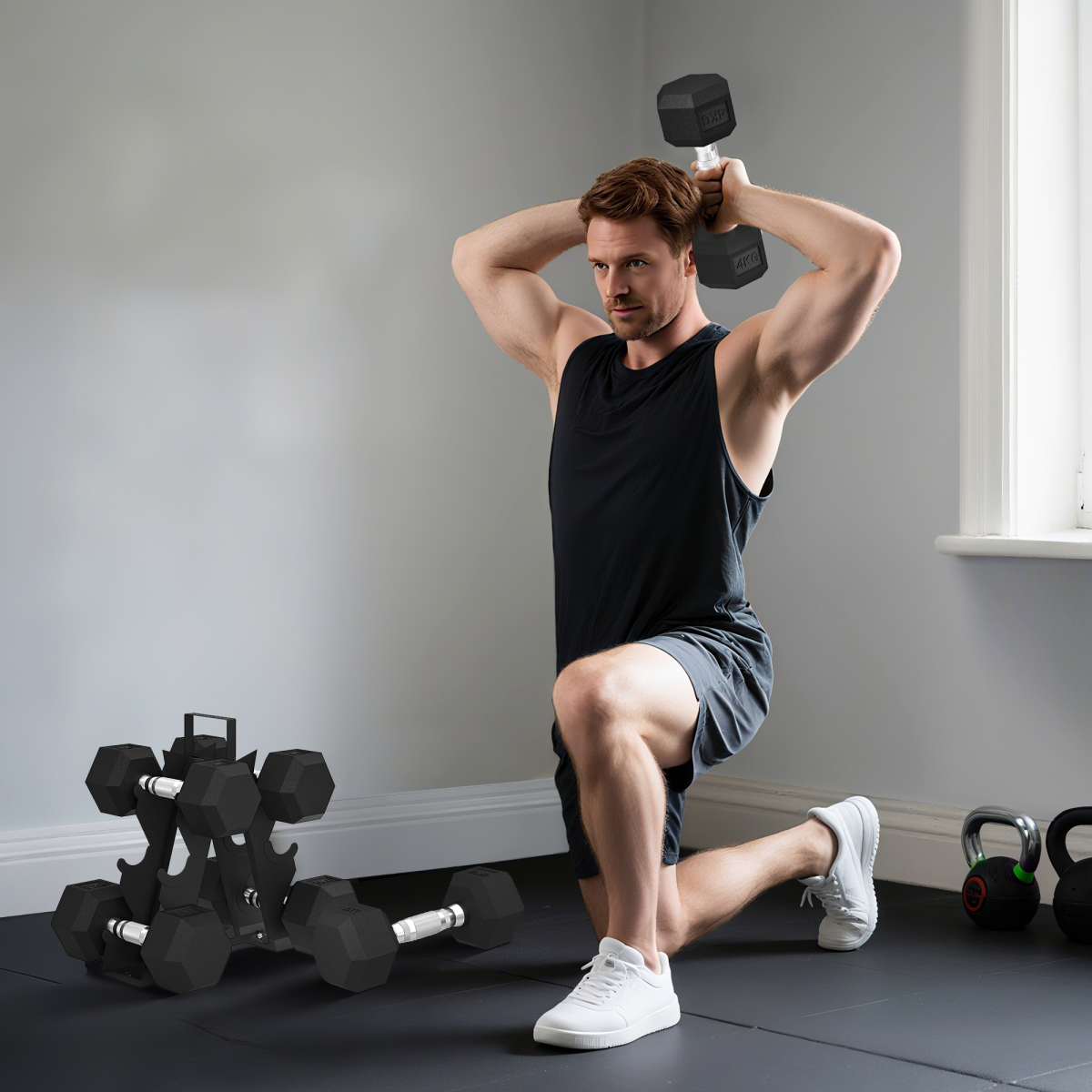 36KG Hex Dumbbell Set with Dumbbell Rack, Rubber Coated Weights