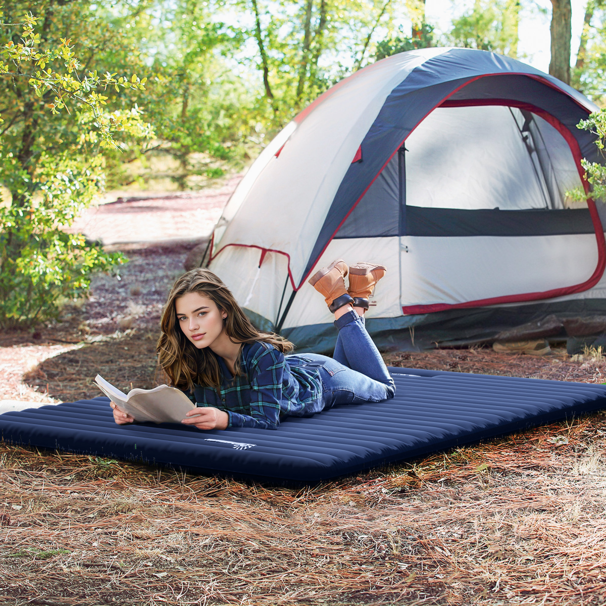 Double Inflatable Camping Mattress with Foot Pump & Carry Bag, Navy