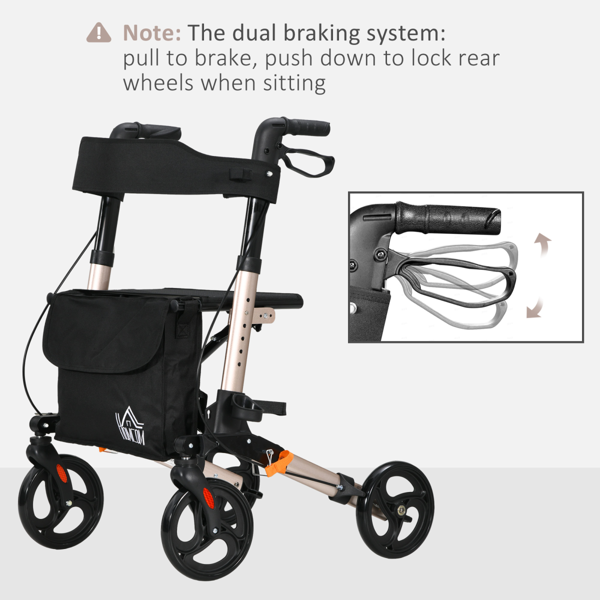 HOMCOM 4 Wheel Rollator Walker with Seat, Adjustable Mobility Walker with Bag, Gold Frame