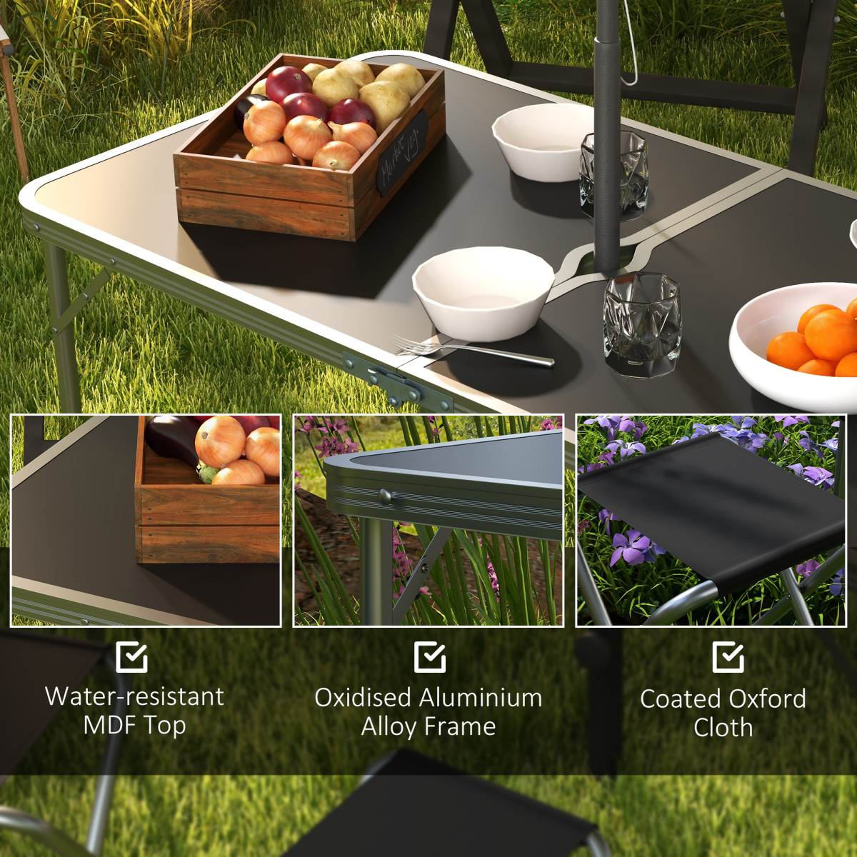 Folding Camping Table & 4 Chairs Set with Adjustable Height & Parasol Hole – Black