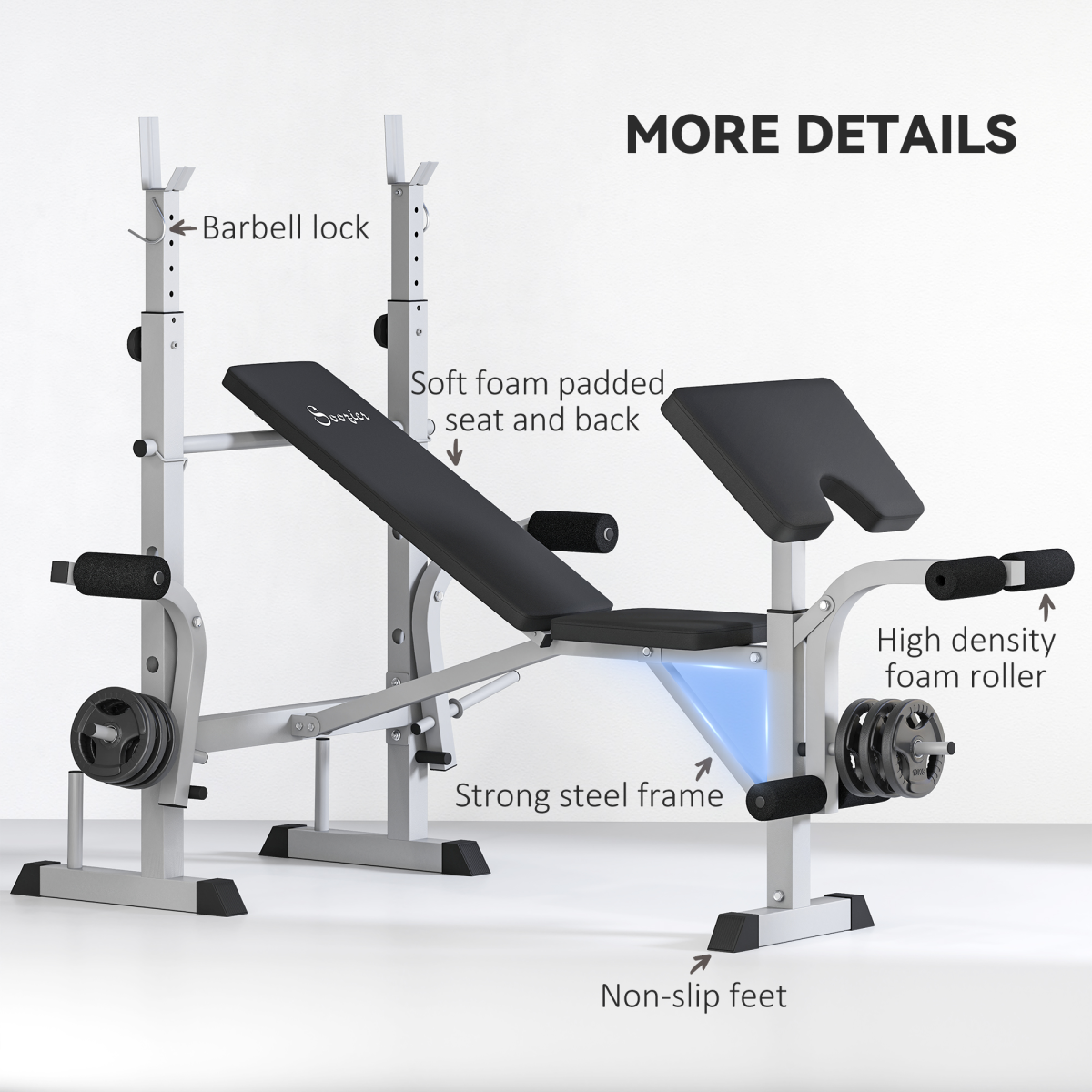 Adjustable Weight Bench with Squat Rack, Leg Developer & Preacher Curl, Grey
