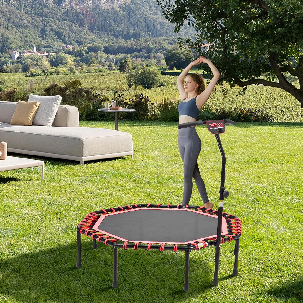 51 Inch Black Red Octagonal Garden Trampoline Fitness Trampoline with Adjustable T-Bar Handle for Kids Adults