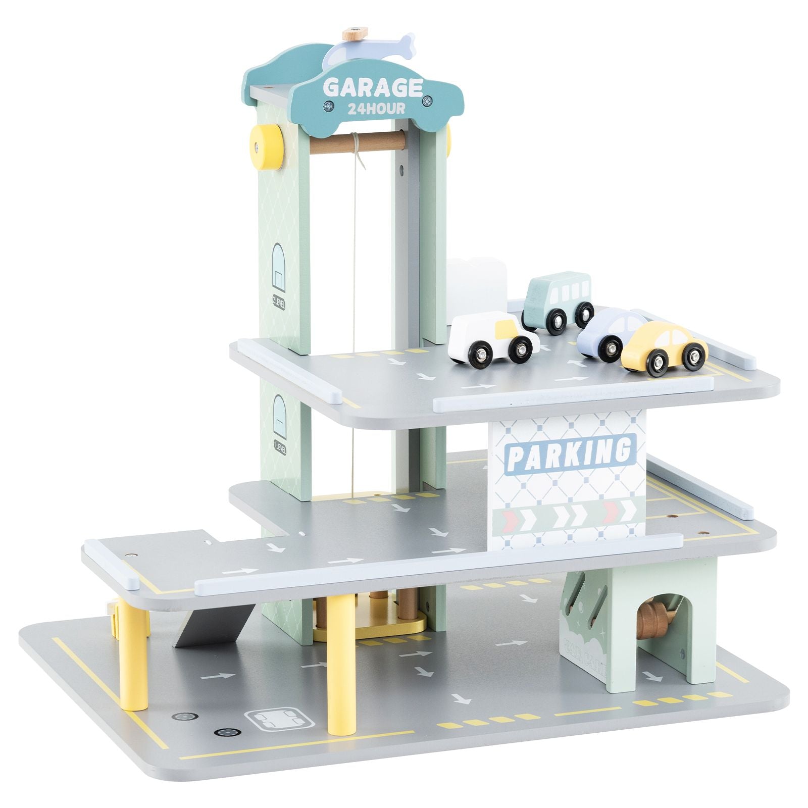 3-Layer Wooden Toy Garage Playset with 4 Cars & Helicopter | Kids Parking Garage with Elevator, Car Wash & Gas Station
