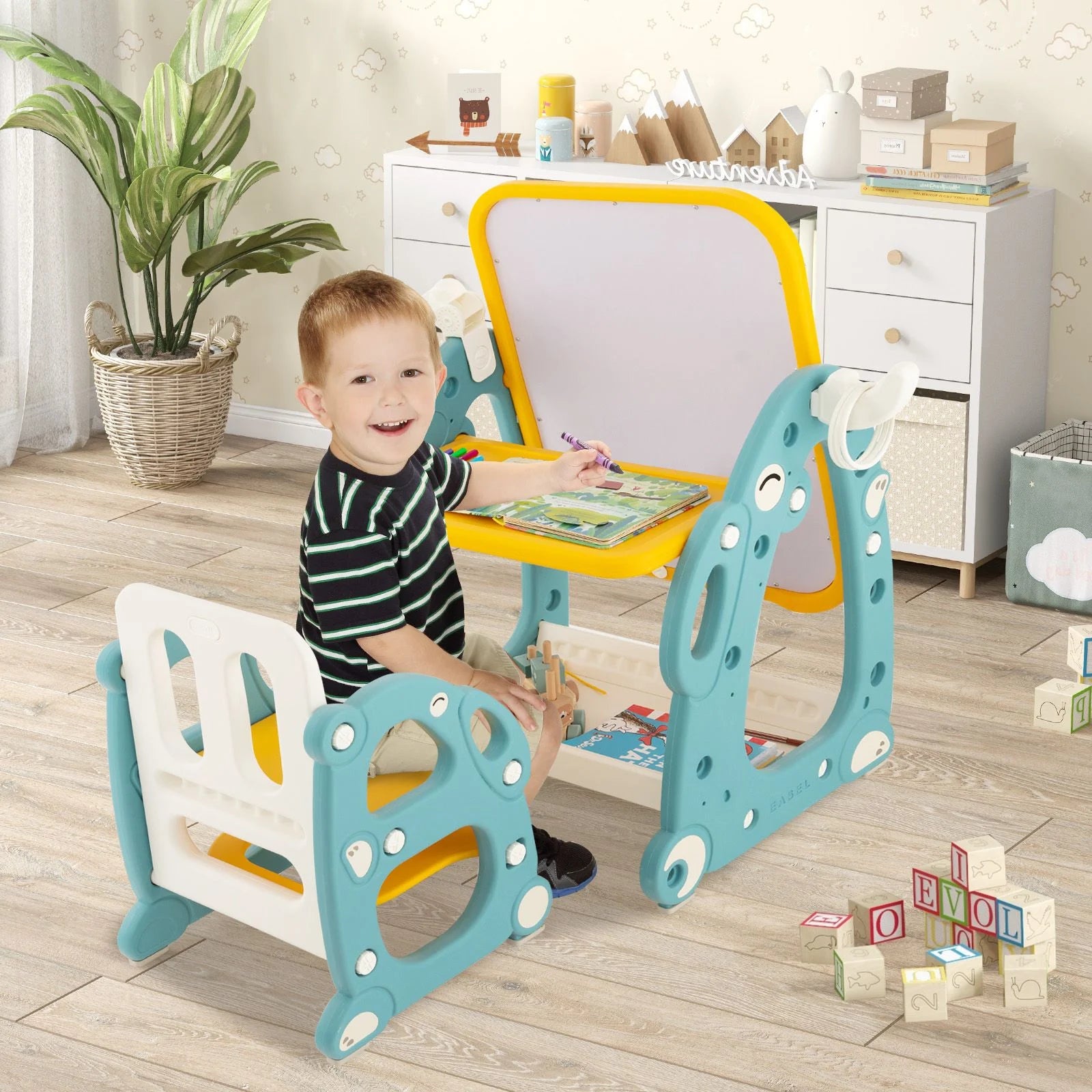 4-in-1 Kids Art Easel Desk & Chair Set with Adjustable Whiteboard | Drawing Table, Study Desk & Activity Center for Ages 1–8