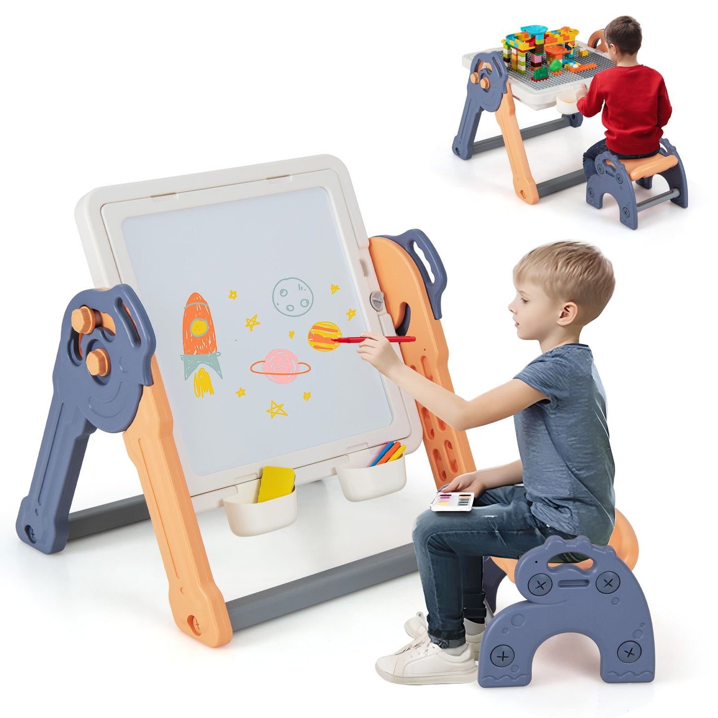 6-in-1 Multi-Activity Kids Play Table & Chair Set – Foldable Art Easel, Building Block Desk & Learning Station