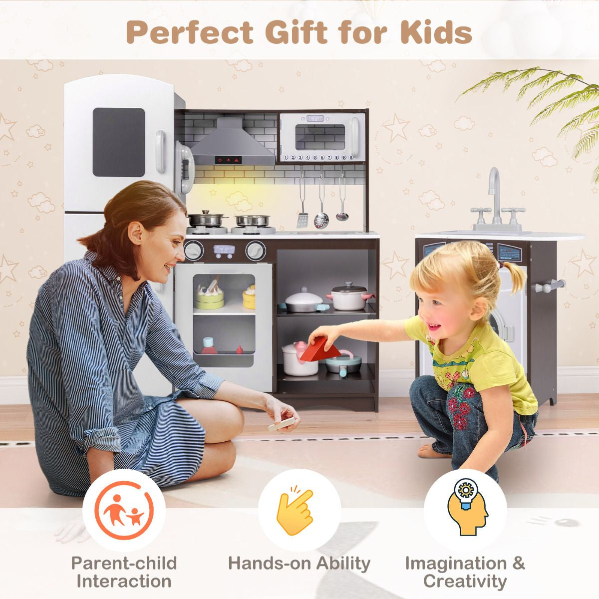 Deluxe Kids Wooden Kitchen Playset with Realistic Lights, Sounds & Ice Maker | Modern Pretend Cooking Station for Ages 3+