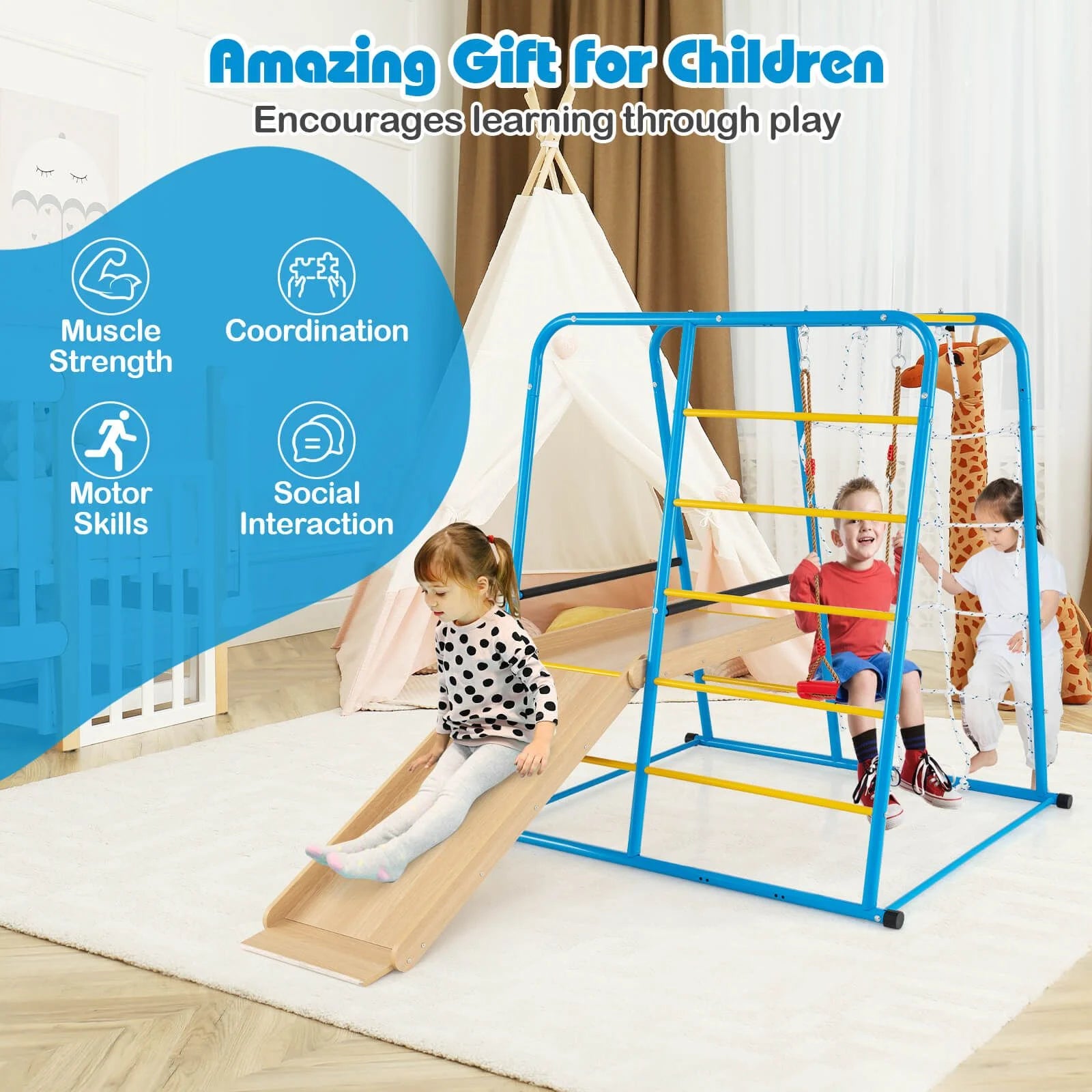 6-in-1 Indoor Jungle Gym Metal Climber with Slide, Swing & Monkey Bars | Kids Playset for Active Learning