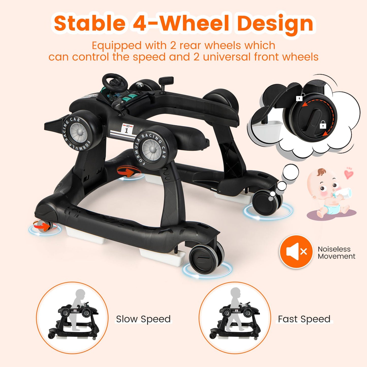 4-in-1 Adjustable Height and Speed Baby Push Walker
