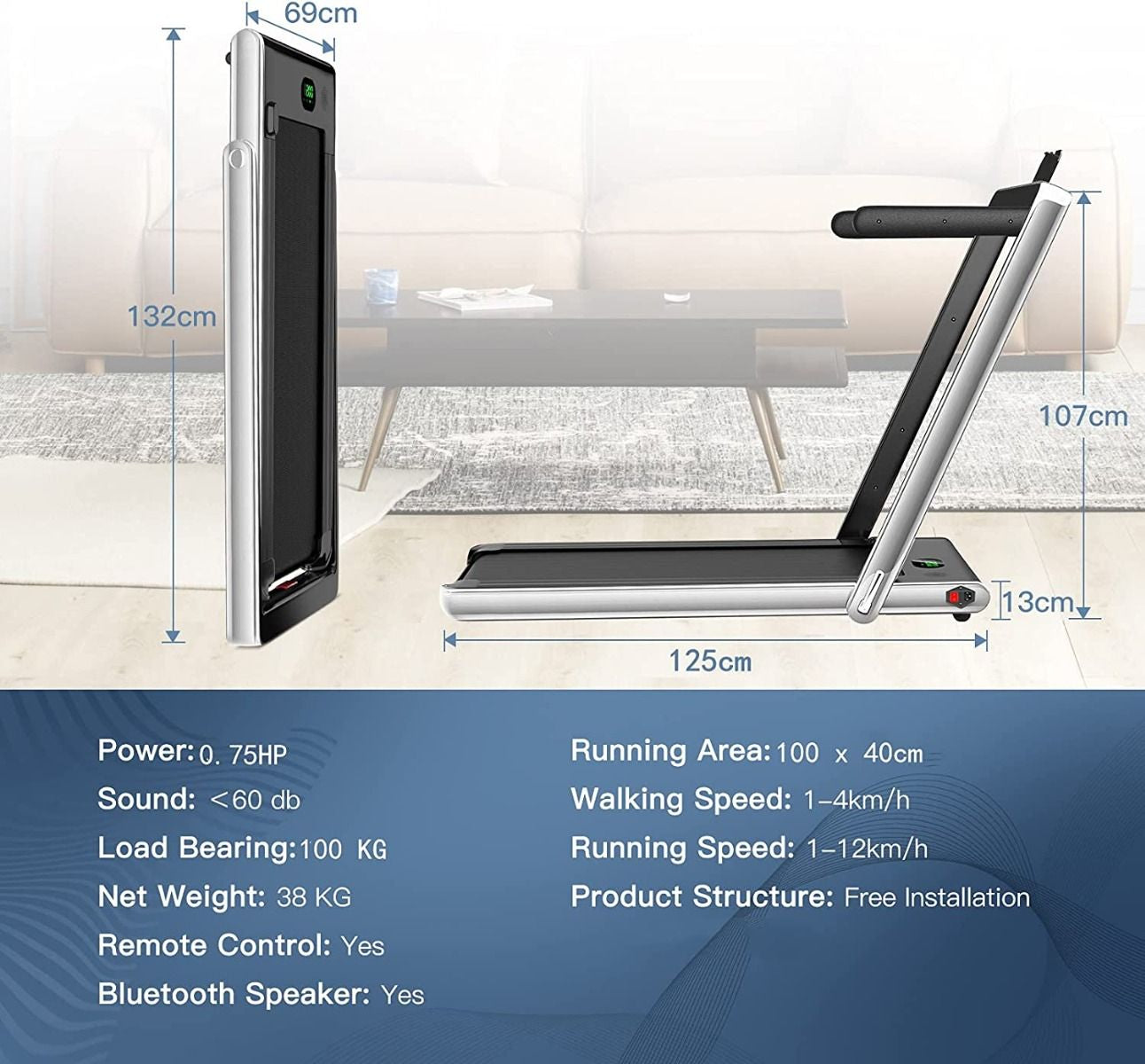 1-12Kph Folding Electric Treadmill with Bluetooth Capability