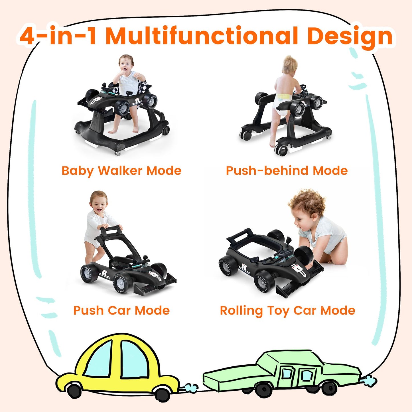 4-in-1 Adjustable Height and Speed Baby Push Walker