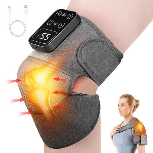 Cordless Heated Knee Massager with Vibration – Rechargeable 3-in-1 Knee, Shoulder & Elbow Wrap | 5 Heat Levels, 3 Vibration Modes, Adjustable Straps for Joint Pain, Muscle Strain & Arthritis Relief – Grey
