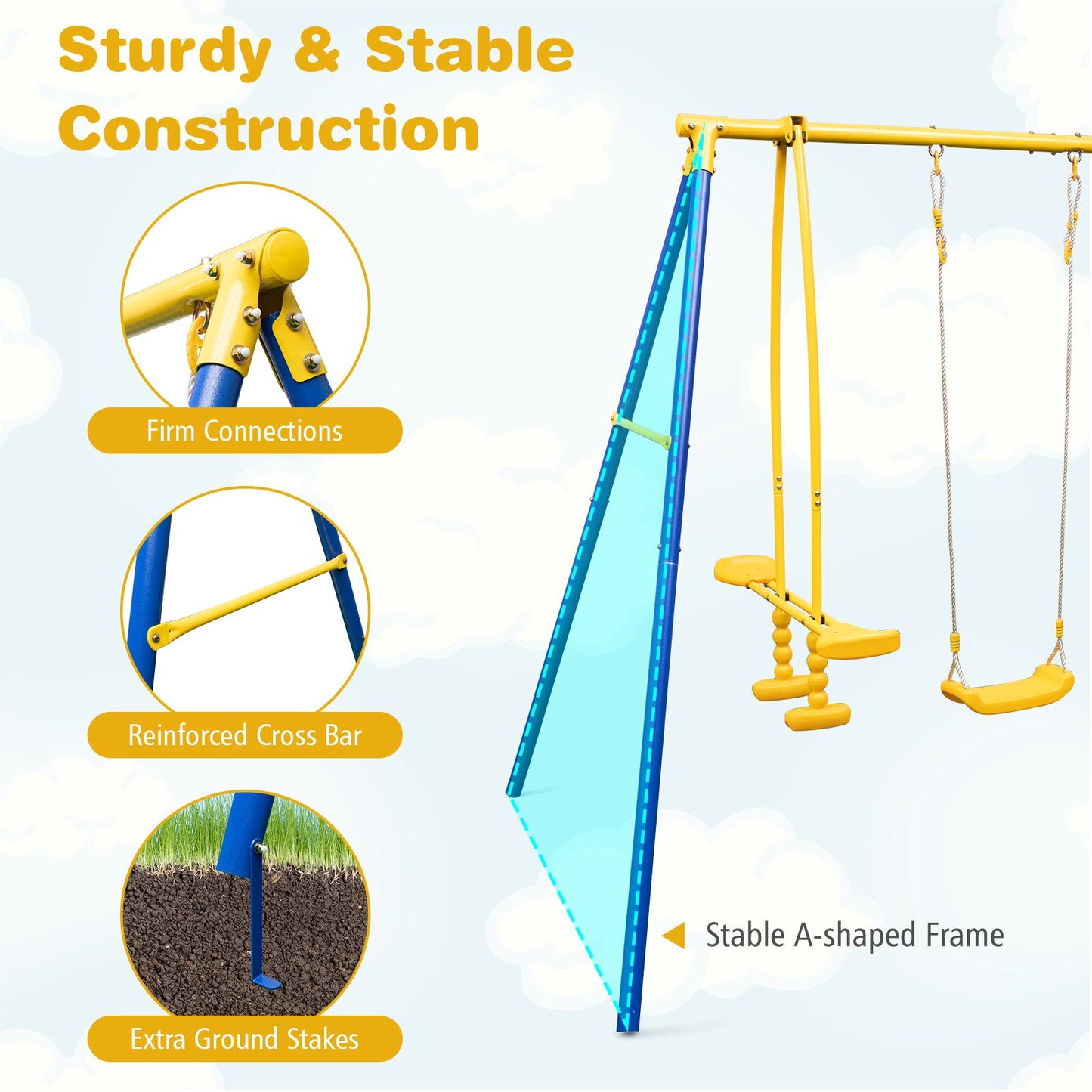 Heavy-Duty Kids Outdoor Swing & Glider Playset – 4-Seat Metal Frame Swing Set for Children Aged 3–12 | Adjustable Swings, Double Glider, Ground Stakes Included