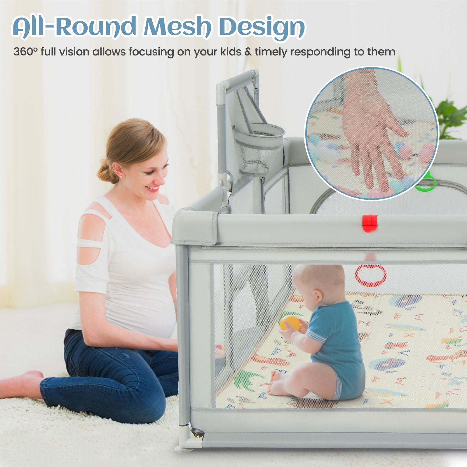 Large Baby Playpen with Safety Mat, Basketball Hoop & 50 Ocean Balls | Indoor & Outdoor Activity Centre