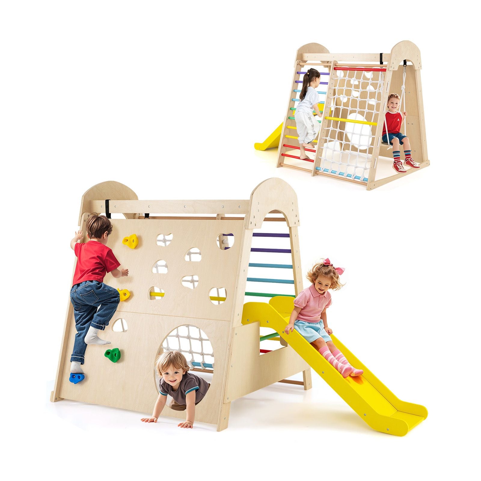 8-In-1 Indoor Jungle Gym Wooden Playground with Climbing Wall