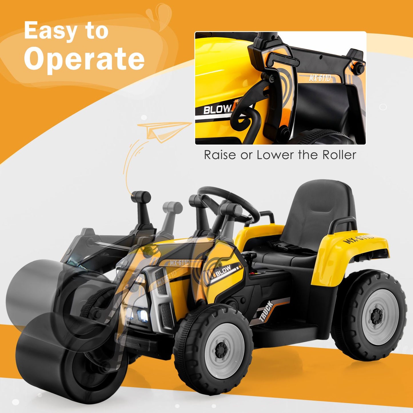 12V Kids Ride-On Road Roller with Remote Control | Battery Powered Construction Vehicle with Music, Lights & Safety Belt