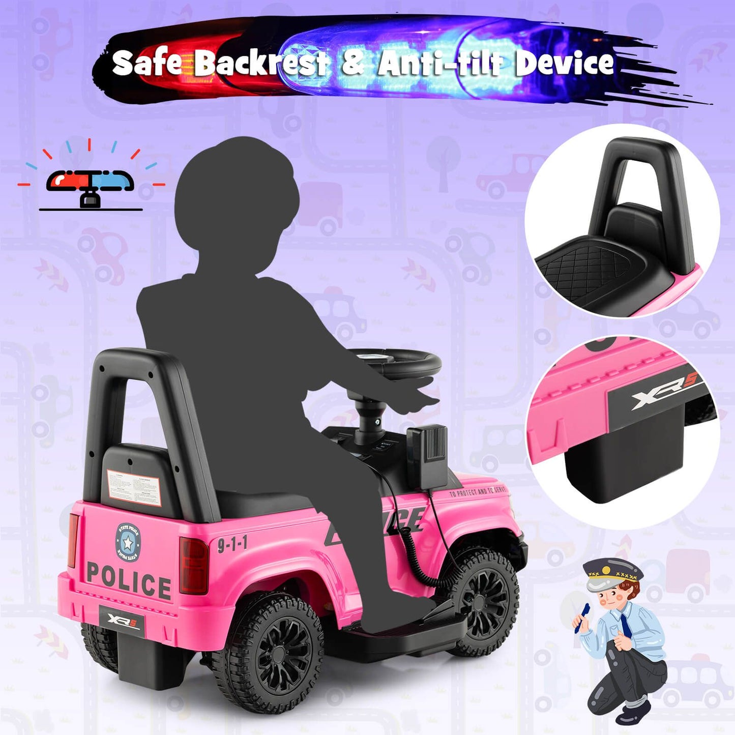 6V Kids Ride-On Police Car with Siren Lights, Megaphone & Hidden Storage | Electric Ride-On Toy for Toddlers