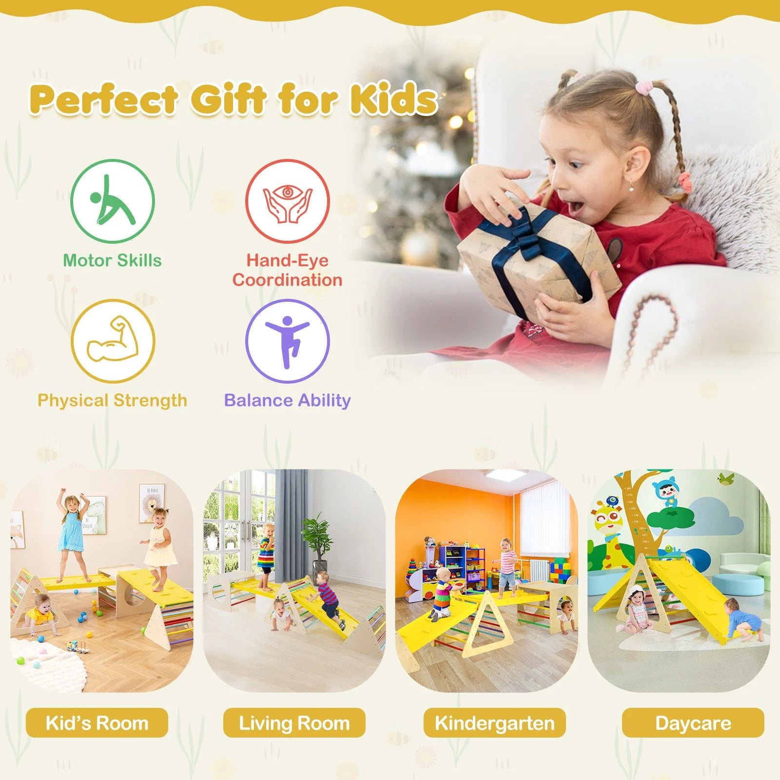 6-in-1 Wooden Toddler Climbing Set | Montessori Triangle Climber, Cube & Slide for Indoor Play