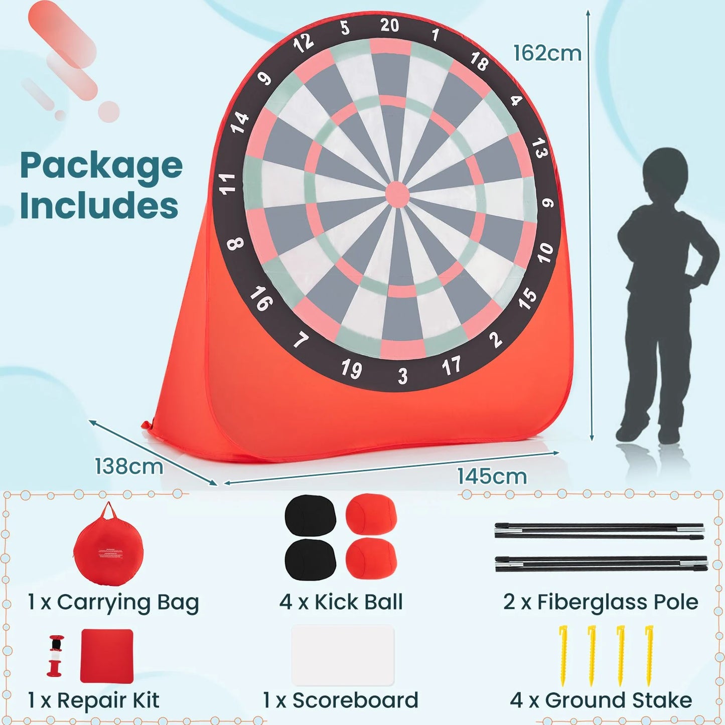 Large Portable Dart Board for Children with 4 Kick Balls - Foldable Design