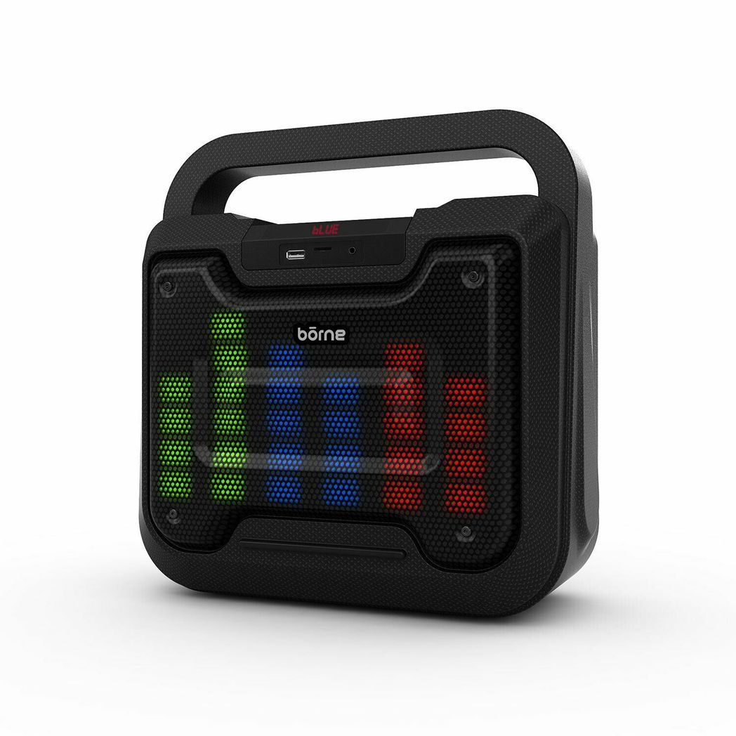 BORNE BTSPK48 Portable Bluetooth Speaker with LED Lights, USB/SD/Aux & Karaoke Function – Black