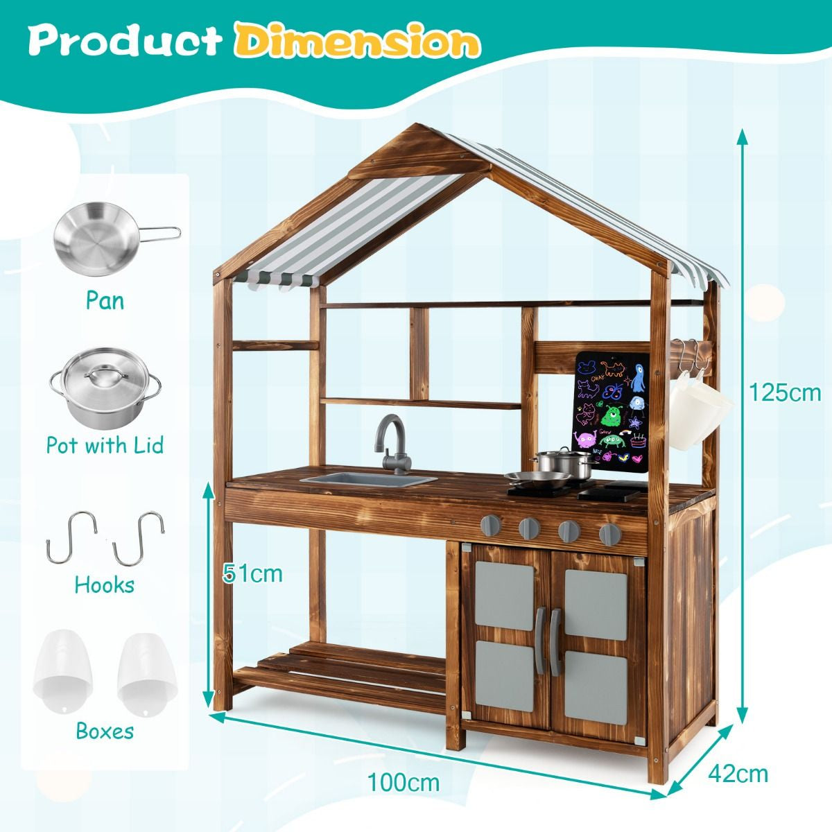 Outdoor Wooden Mud Kitchen with Canopy & Rotatable Faucet | Kids Play Kitchen with Sink, Chalkboard & Accessories