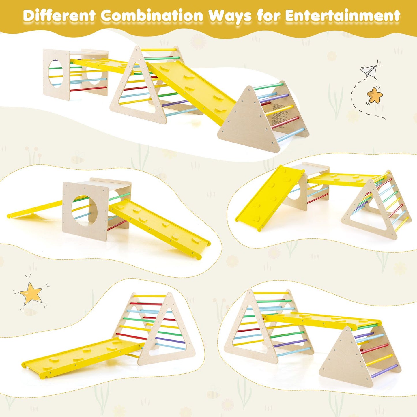 6-in-1 Wooden Toddler Climbing Set | Montessori Triangle Climber, Cube & Slide for Indoor Play