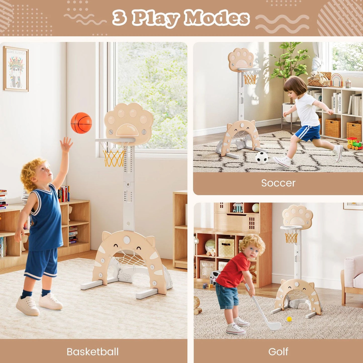 Adjustable 3-in-1 Kids Sports Center with Basketball Hoop and Soccer Game