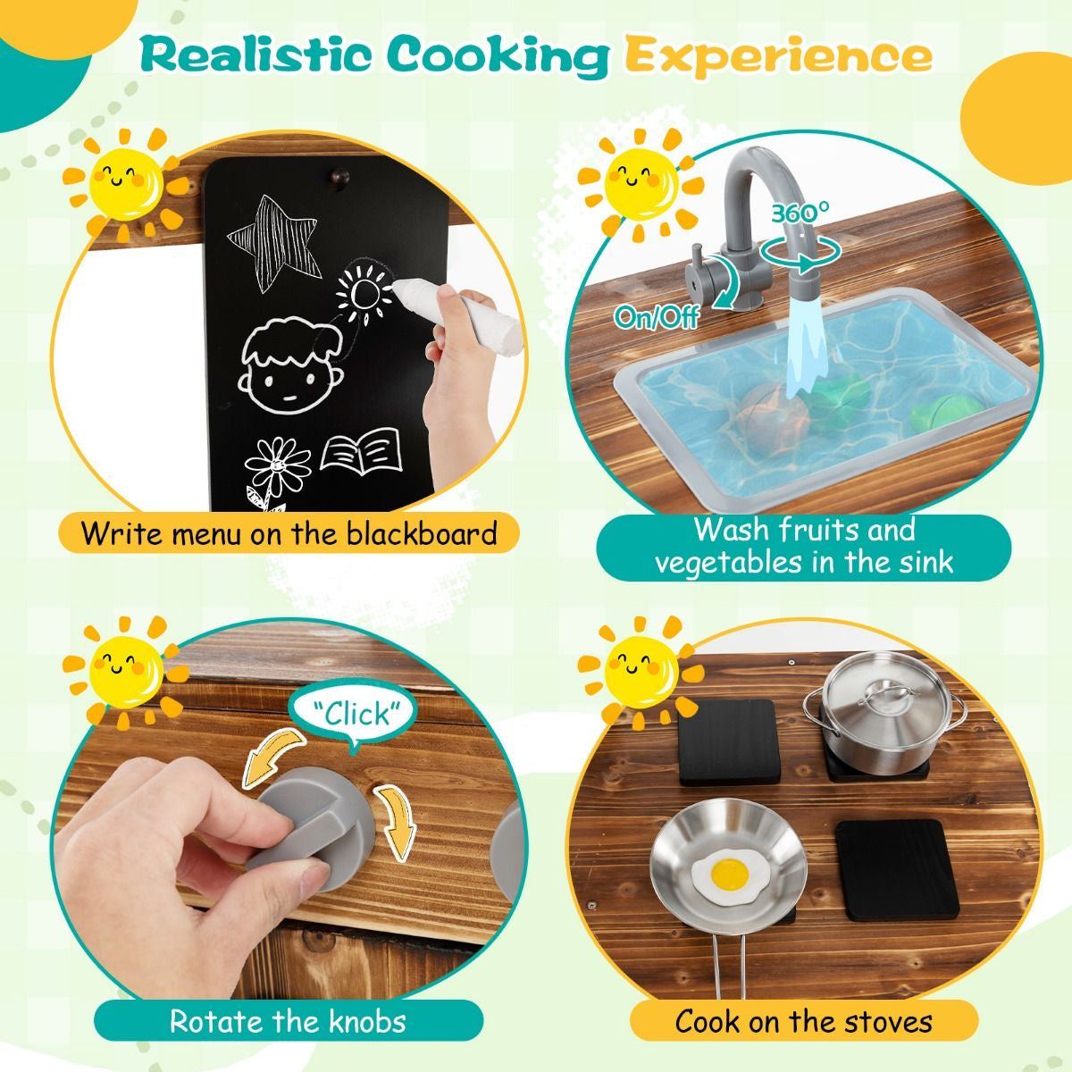 Outdoor Wooden Mud Kitchen with Canopy & Rotatable Faucet | Kids Play Kitchen with Sink, Chalkboard & Accessories