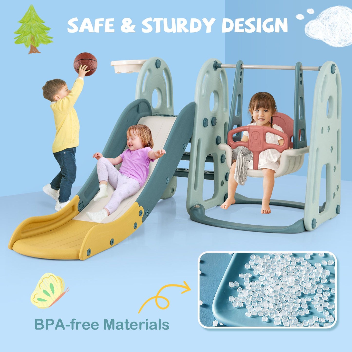 4-in-1 Freestanding Kids Slide and Swing Playset